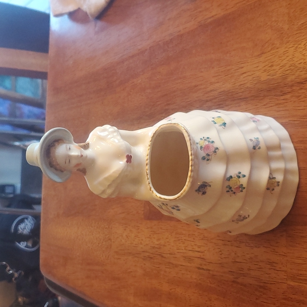 Vintage Hand Painted Ceramic Lady Vase Blue Bonnet Floral Dress